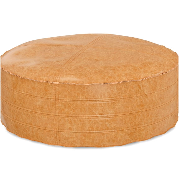 32 Inch Round Faux Leather Ottoman Coffee Table with Distressed Finish, Light Brown