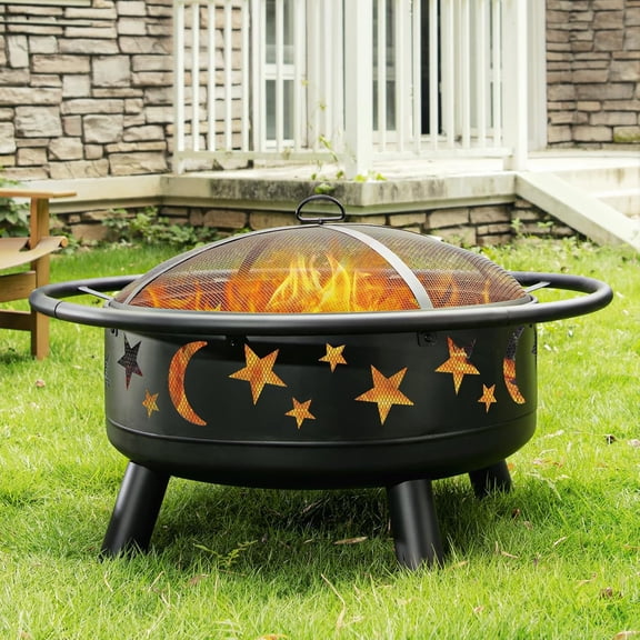 32 Inch Round Fire Pit with Mesh Cover, Fire Poker, Star and Moon Design, Metal Wood Burning Outdoor Firepit for Patio, Backyard, Garden, Bonfire Party, Perfect for Thanksgiving, Halloween