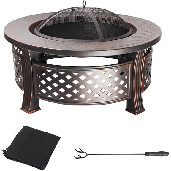 32-Inch Round Fire Pit Table, Metal Wood Burning Fireplace/Firepit with Fire Grate, Spark Screen Lid, Steel Bowl, Poker