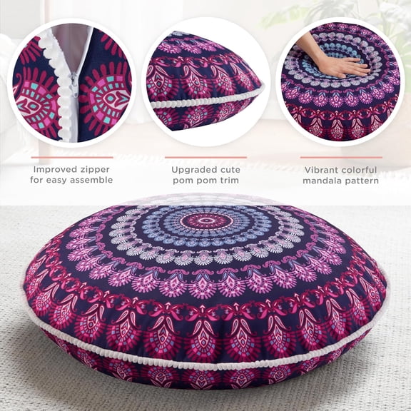 32 Inch Round Floor Pillow with Memory Foam Insert - Orchid Mandala Decor for Meditation, Living Room, Kids