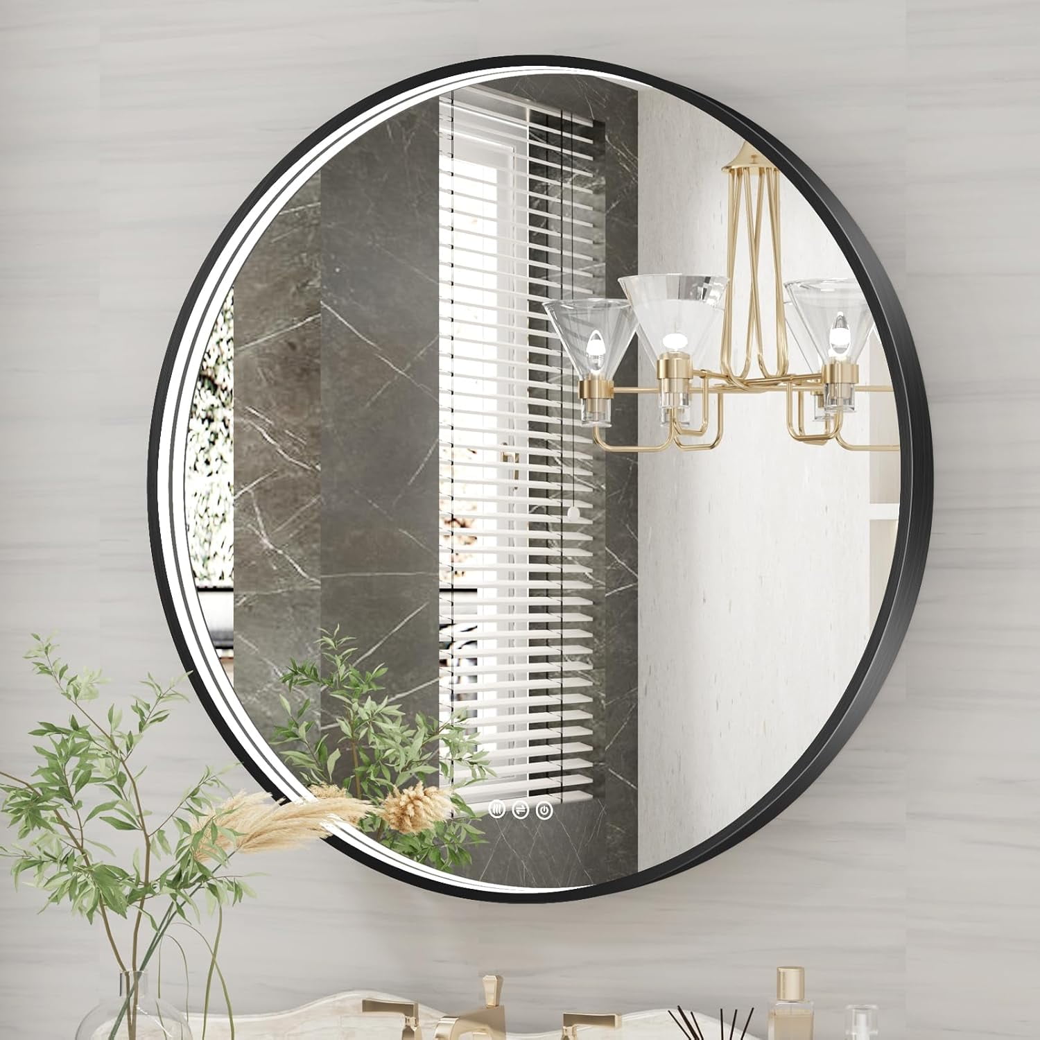 32 Inch Round LED Bathroom Mirror, Black Metal Framed Lighted Mirror ...