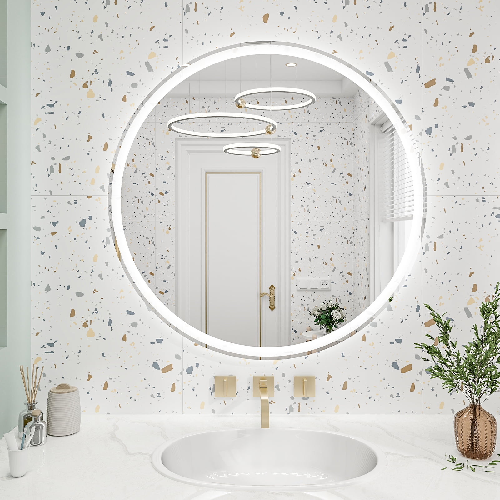 32 Inch Round LED Mirror Wall Mounted 3-Color Adjustable Dimmable Anti-Fog Circle Lighted Mirror Touch Control Waterproof Vanity Mirror for Bathroom Glass