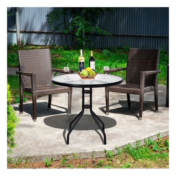 32 Inch Round Patio Table with Umbrella Hole, Tempered Glass Top Outdoor Bistro Table, Black Metal Frame, Garden Deck Table for Backyard, Porch, 20lbs Capacity