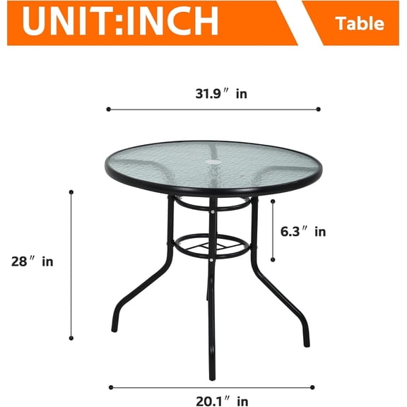 32 Inch Round  Table with Umbrella Hole and Tempered Glass Top, All-Weather Outdoor Dining Bistro Table for Pool Lawn Backyard Balcony