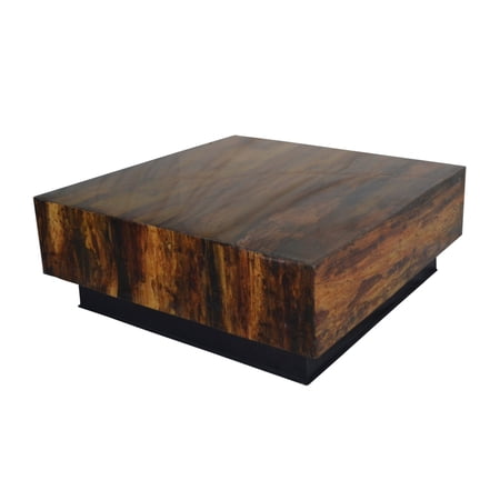 32 Inch Rustic Coffee Table, Teak Wood Plinth Base, Grain Details, Brown- Saltoro Sherpi