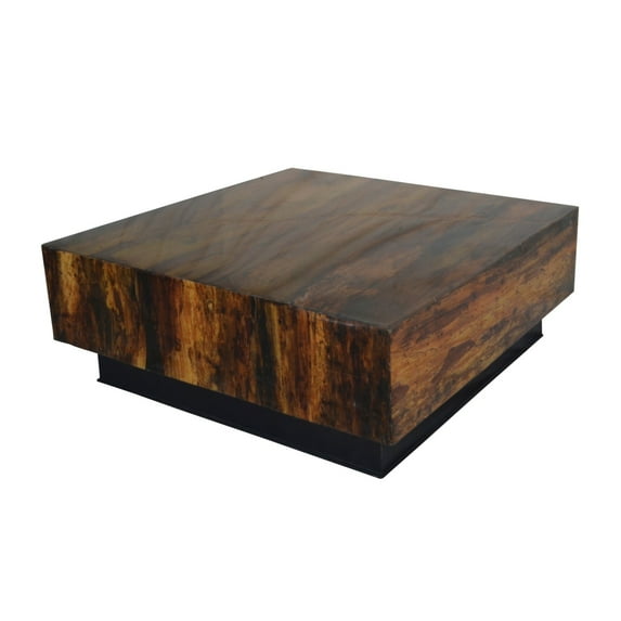 32 Inch Rustic Coffee Table, Teak Wood Plinth Base, Grain Details, Brown- Saltoro Sherpi