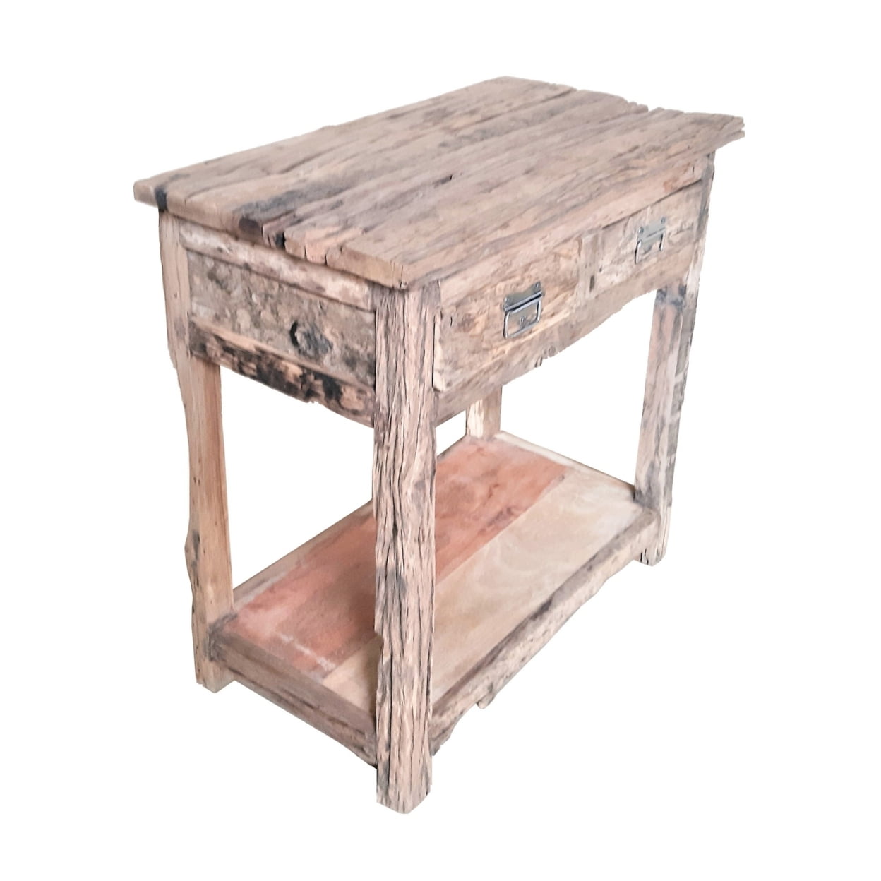 32 Inch Distressed White and Natural Wood Rustic Kitchen Island Table