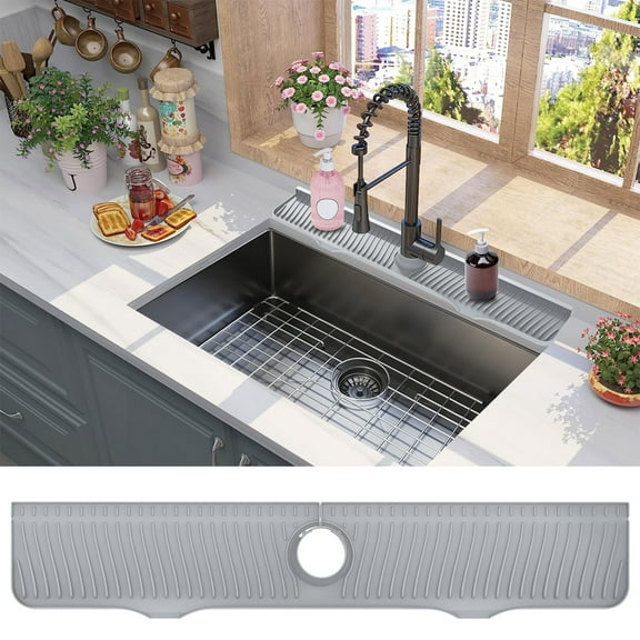 32 Inch Silicone Faucet Sink Mat for Kitchen Bathroom Bar RV, 82cm Kitchen Sink Splash Guard, Drip Catcher Mat, Countertop Protector Draining Pad Drying Organizer Gray