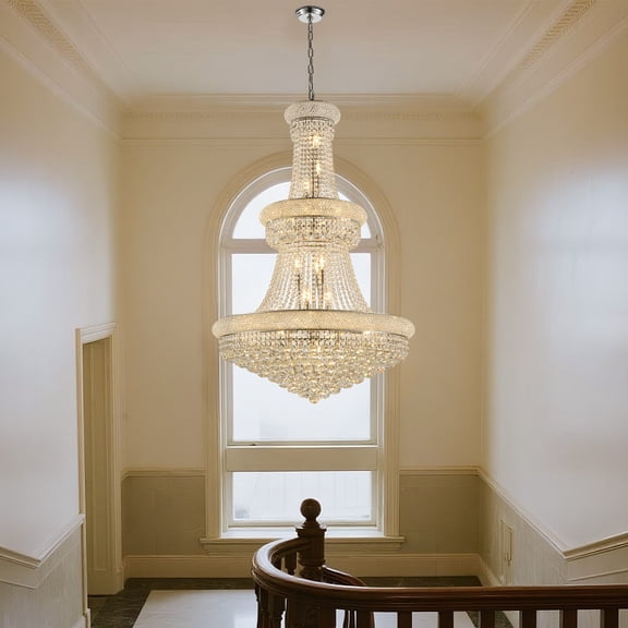32-Inch Silver Crystal Chandelier, 27-Light French Empire Ceiling Light with LED Bulbs, Adjustable 59-Inch Chain, 3000K Warm Light, Perfect for Dining Room, Living Room, and Foyer