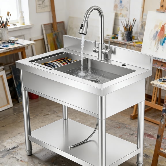 32 Inch Silver with Retractable Cold and Hot Water Faucet, Utility Sink Cleaning Sink Single Bowl, Kitchen Utility Sink, Washing Hand Basin, Laundry Sink for Restaurant