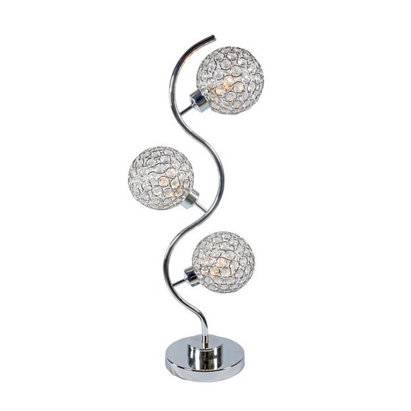 32 Inch Silver Table Lamp, Metal Frame, Round Glass Base with Crystals