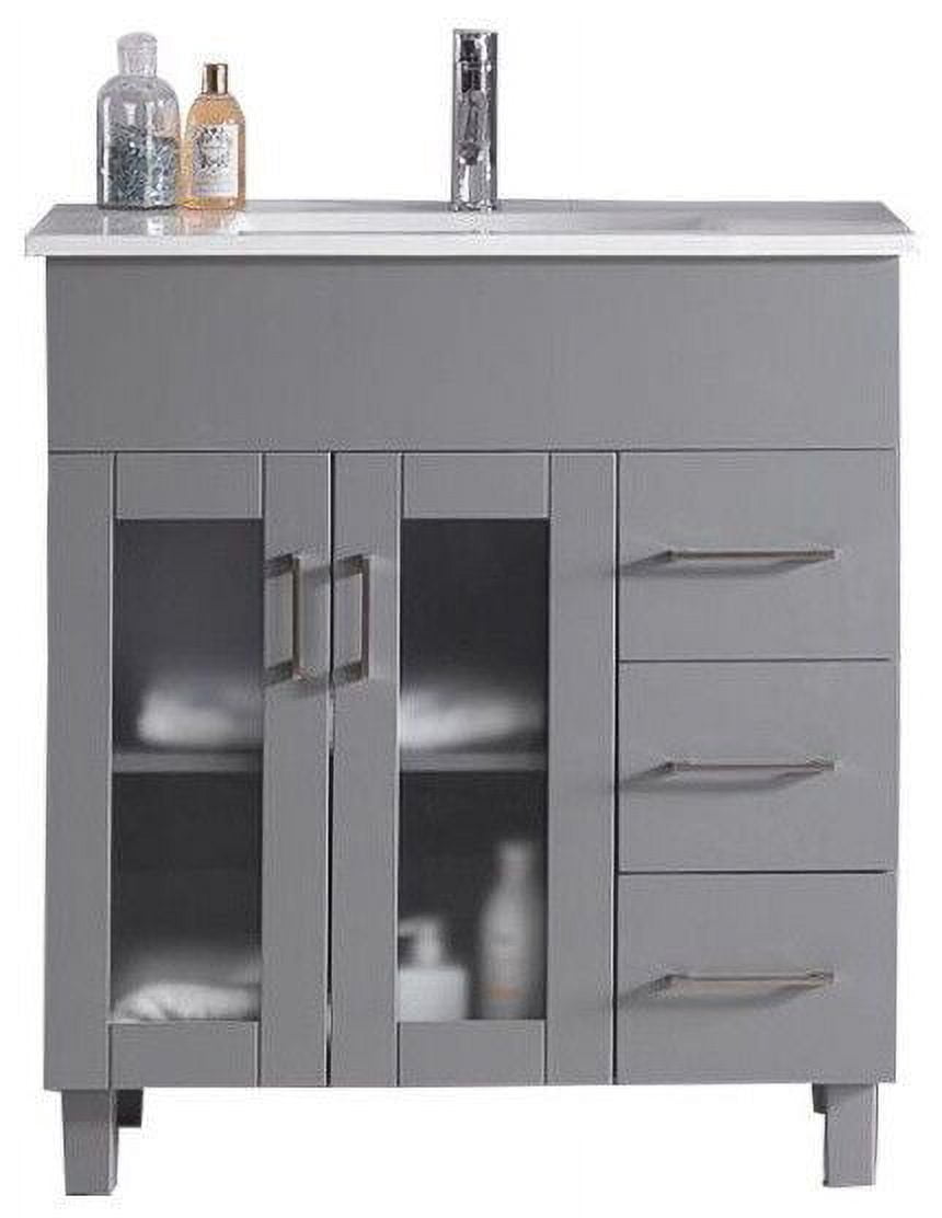 32 Inch Single Sink Bathroom Vanity Grey Cabinet With Ceramic Basin ...