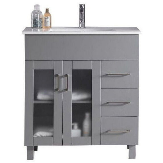32 Inch Single Sink Bathroom Vanity Grey Cabinet With Ceramic Basin Countertop - Laviva