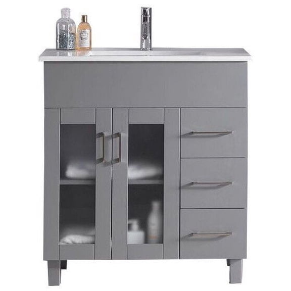 32 Inch Single Sink Bathroom Vanity Grey Cabinet With Ceramic Basin Countertop - Laviva