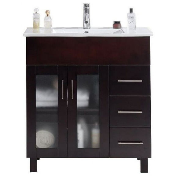 32 Inch Single Sink Brown Cabinet With Ceramic Basin Countertop - Laviva