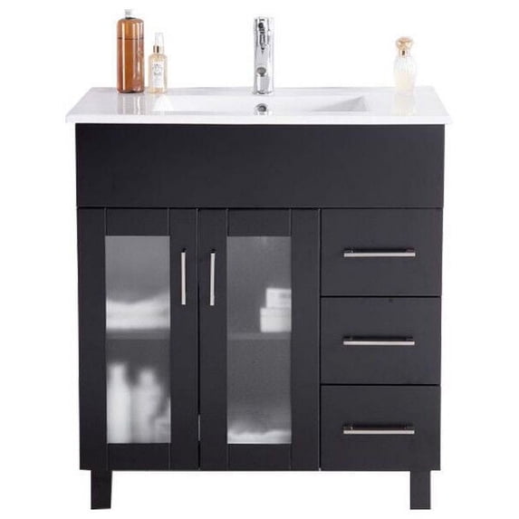 32 Inch Single Sink Espresso Cabinet With Ceramic Basin Countertop - Laviva