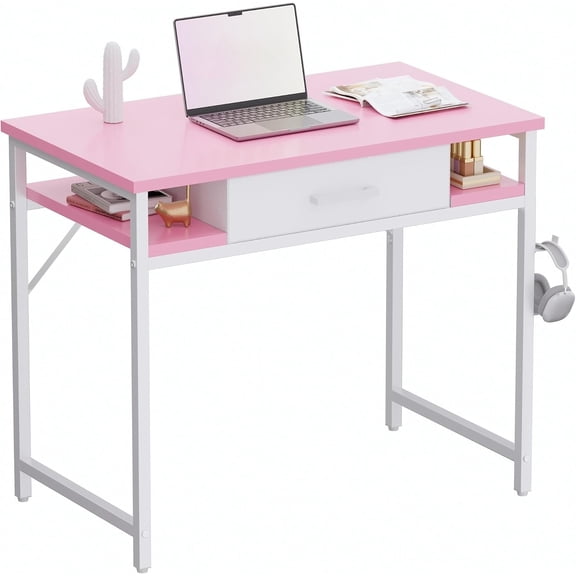 32 Inch Small Computer Desk with Drawer and Shelves Simple Study Work Table for Bedroom