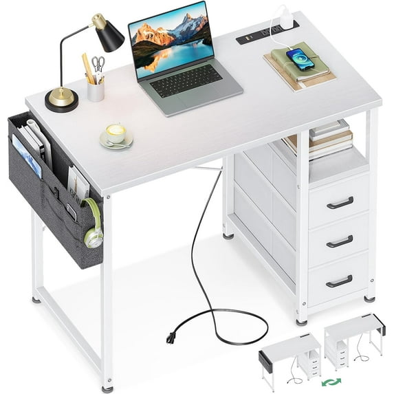 32-Inch Small Desk with Fabric Drawers and Charging Station, Kids Girls Teen Study Writing Desk for Bedroom, Home Office Computer Desk with Storage Shelf & Bag for Small Space, White