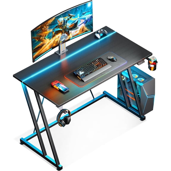 32 Inch Small Gaming Desk with LED Light, Computer Desk for Small Space, Gaming Table with Carbon Fiber Texture, Kids PC Desk Gift for Boys Men, Black
