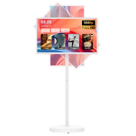 32 Inch Smart Portable TV on Wheels, Android 15 , Touchscreen Monitor, 8GB RAM + 128GB Storage, 38400mAh Built-in Battery, 1080p FHD, Remote Control, Rolling Tablet TV for Indoor/Outdoor