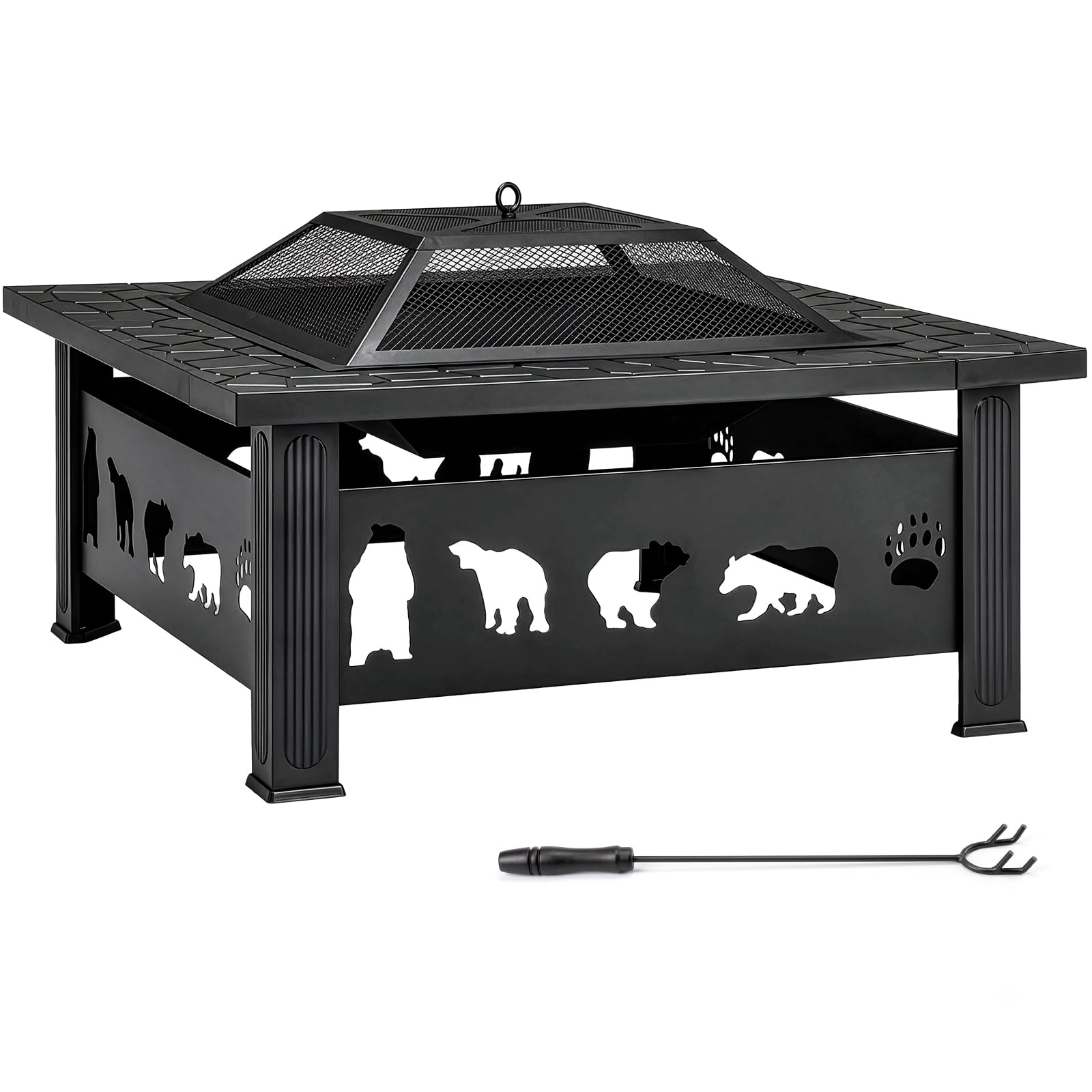 32 Inch Square Outdoor Wood Burning Fire Pit Table, Heavy Duty Wrought Iron Firepit with Pyramid Spark Screen Lid & Fire Poker, Decorative Bear Cutout Patio Fire Pit for Backyard, Garden, Lawn