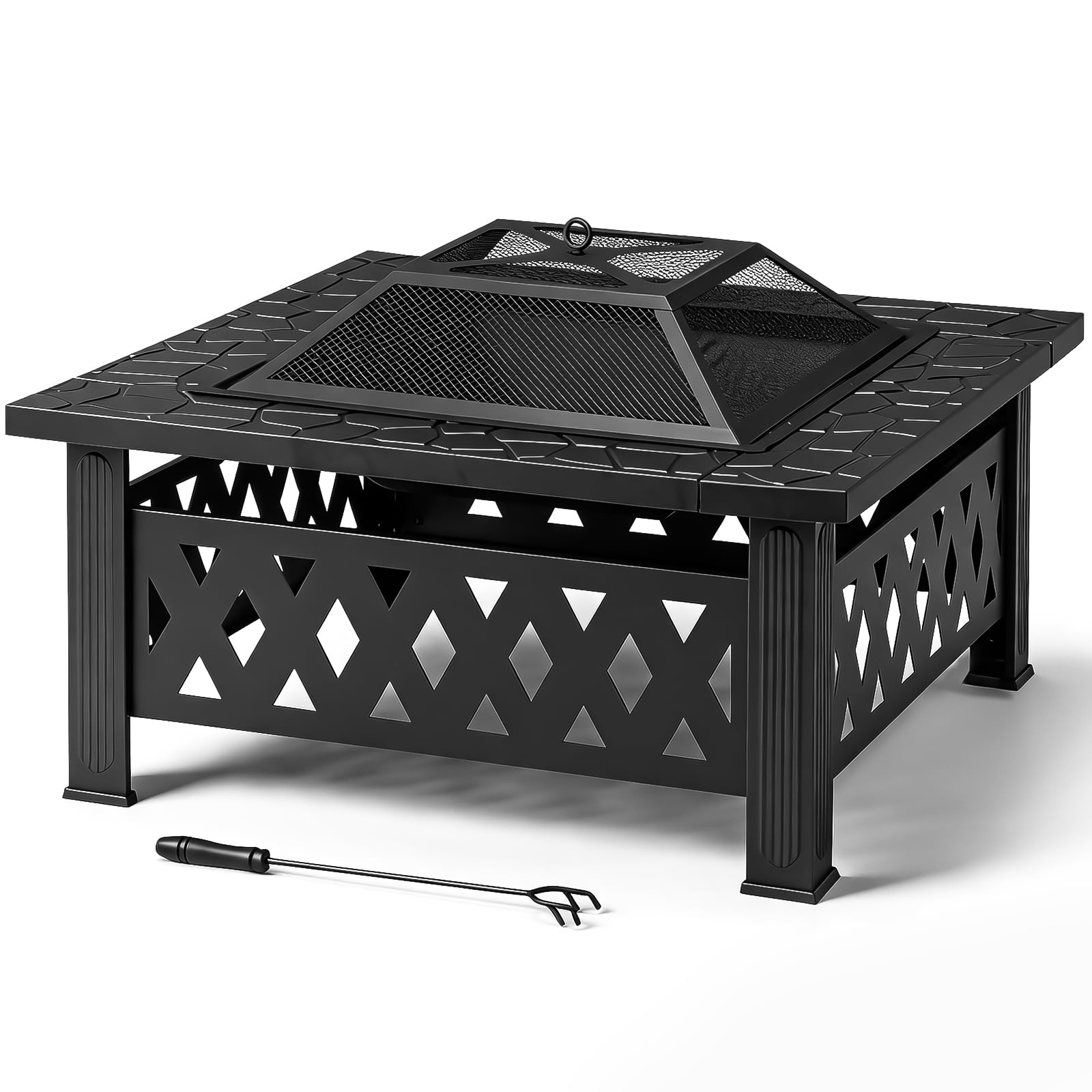32 Inch Square Outdoor Wood Burning Fire Pit Table, Heavy Duty Wrought Iron Firepit with Pyramid Spark Screen Lid & Fire Poker, Decorative Diamond Cutout Patio Fire Pit for Backyard, Garden, Lawn