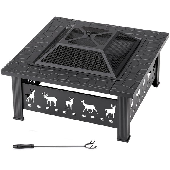 32 Inch Square Outdoor Wood Burning Fire Pit Table, Heavy Duty Wrought Iron Firepit with Pyramid Spark Screen Lid & Fire Poker, Decorative Elk Cutout Patio Fire Pit for Backyard, Garden, Lawn
