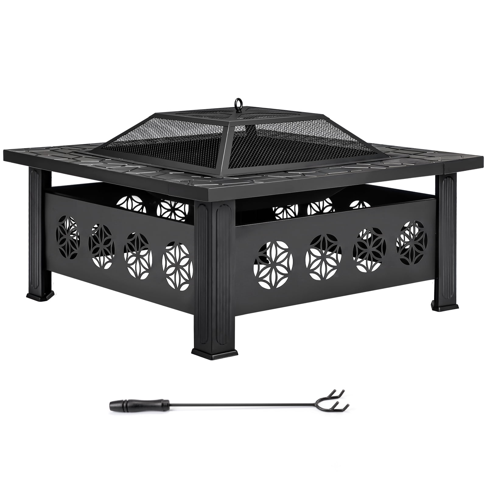 32 Inch Square Outdoor Wood Burning Fire Pit Table, Heavy Duty Wrought Iron Firepit with Pyramid Spark Screen Lid & Fire Poker, Decorative Floral Cutout Patio Fire Pit for Backyard, Garden, Lawn