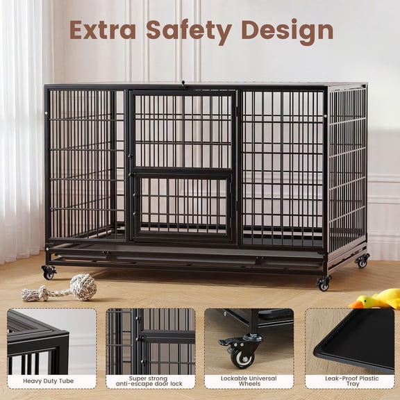 32 Inch Stackable Heavy Duty Dog Crate, Indestructible Escape-Proof Kennel for Small Dogs with Triple Door and Lockable Wheels