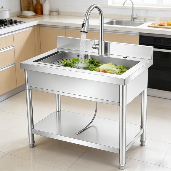 32 Inch Stainless Steel, 360Rotate Faucet with Rinsing Basket, Utility Sink Cleaning Sink, Single Bowl, Kitchen Utility Sink, Washing Hand Basin Laundry Sink for Kitchen, Bathroom, Laundry Room