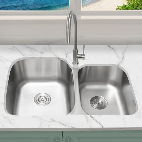 32 Inch Stainless Steel 60/40 Double Unequal Bowl Classic Kitchen Sink, Extra Thick 18 Gauge Undermount Rust Resistant, Sound and Heatproof Sink, Sink Only