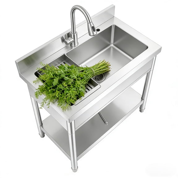 32 Inch Stainless Steel, Freestanding, 360Rotate Faucet, Utility Sink, Cleaning Sink, Single Bowl, Kitchen Utility Sink, Washing Hand Basin, Laundry Sink, for Garage