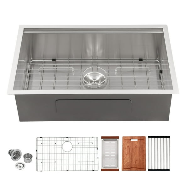 32 Inch Stainless Steel Workstation Kitchen Sink 16 Gauge Brushed Nickel Single Bowl Undermount Sink with Accessories