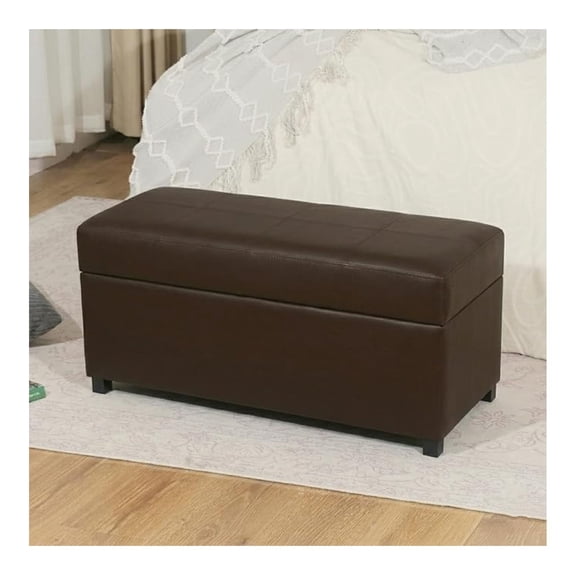 32-Inch Storage Ottoman ,Foot Stool Ottoman with Storage, Faux Leather Upholstered Foot Rest Seat with Safety Hinge,Wood Legs Stool for Living Room, Bedroom,Entryway, Espresso Brown