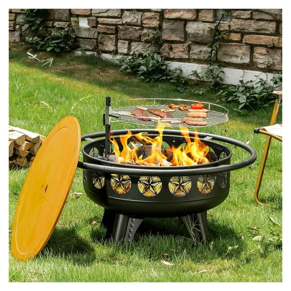 32 Inch with Swivel Cooking Grate,3-in-1 Wood Burning Firepit with Grill,Outdoor Table with Metal Lid and for Outside Patio Backyard BBQ Camping (32 Inch) Black