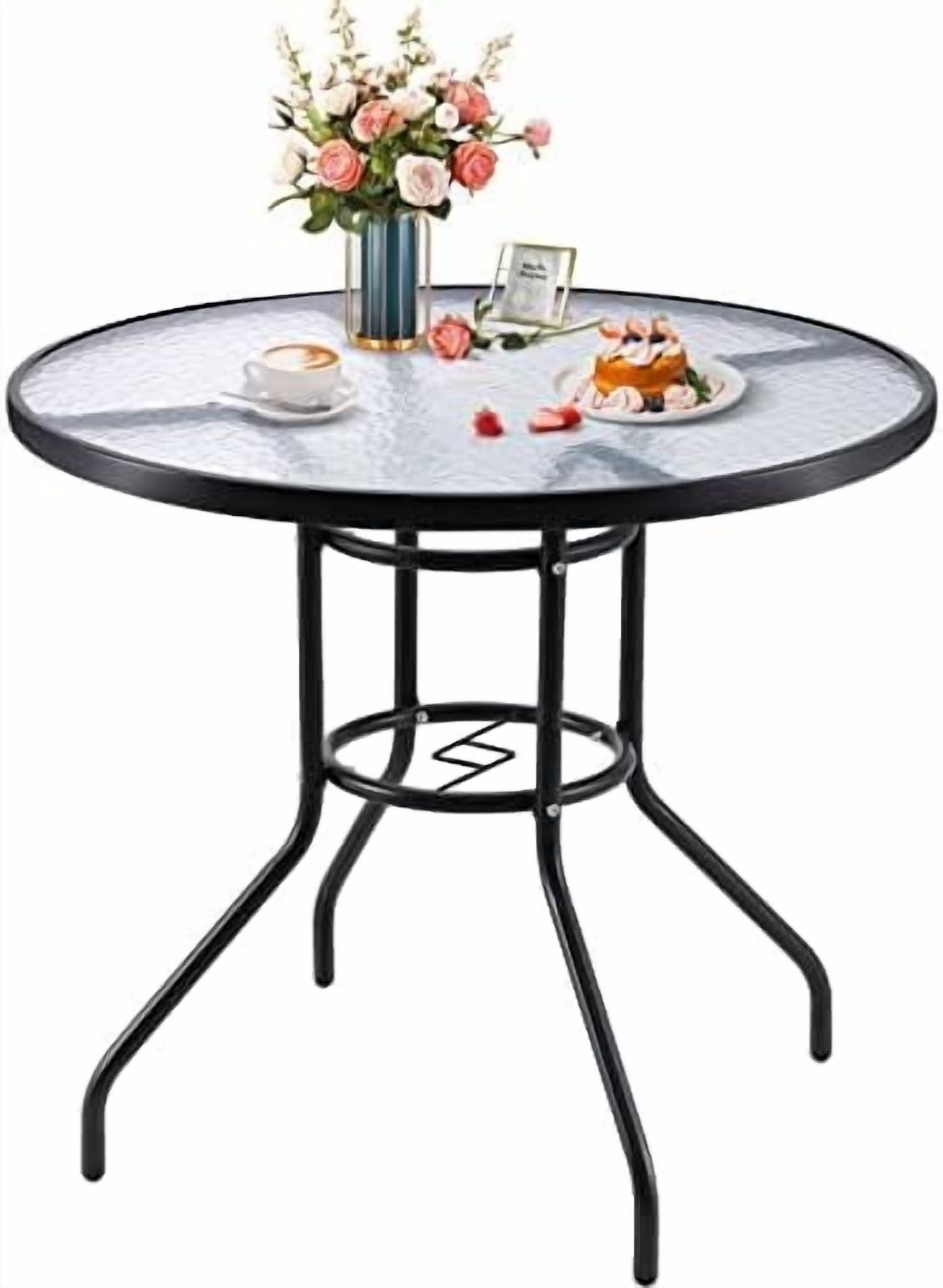 32 Inch Table with Umbrella Hole, Round Glass Table, Outdoor Bistro ...