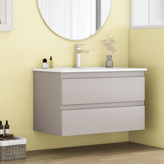 32 Inch Wall Mounted Bathroom Vanity with Sink, Floating Bathroom Vanity with 2 Large Drawers and Soft-Close System, Modern Wood Frame Storage Cabinet for Home, Gray