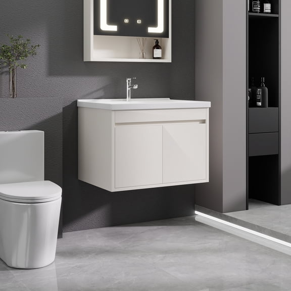 32 Inch Wall Mounted Floating Bathroom Vanity with Sink, Modern Cabinet with Double Soft Close Doors,Khaki