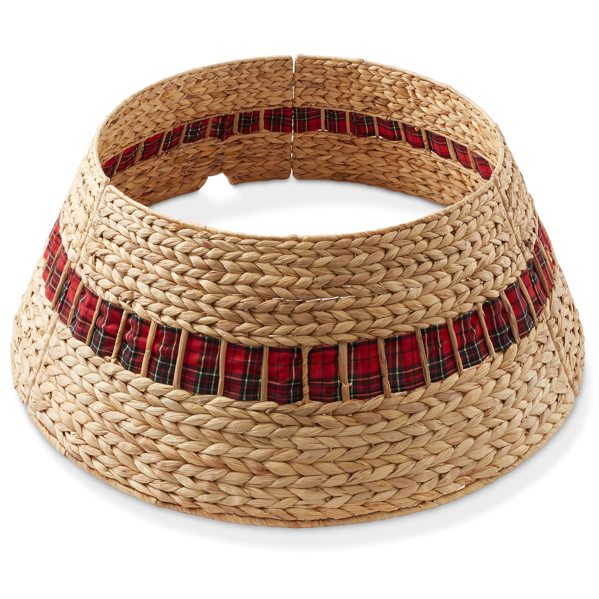 Natural Hyacinth Woven Christmas Tree Collar with Tartan Plaid Ribbon