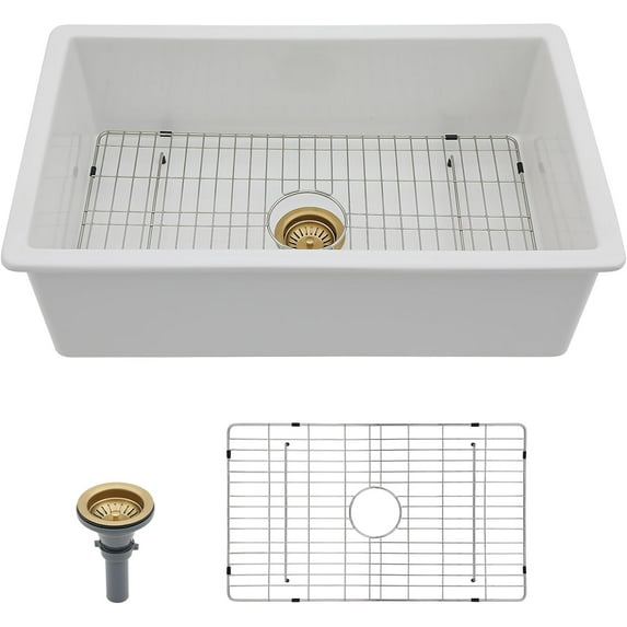 32 Inch White Undermount Kitchen Sink-Belsend Fireclay Porcelain Dual Mount Ceramic Single Bowl Deep Sinks Under Counter Glossy Kitchen Basin 32”x19”x10”