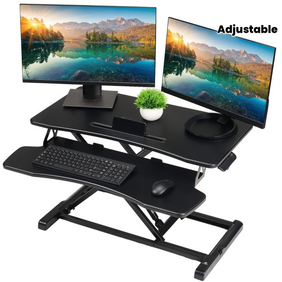 32-Inch Wide Adjustable Sit to Stand Desktop Riser with Keyboard Platform, Ergonomic Workstation for Home Office Computer and Laptop Use, Sleek Black Finish
