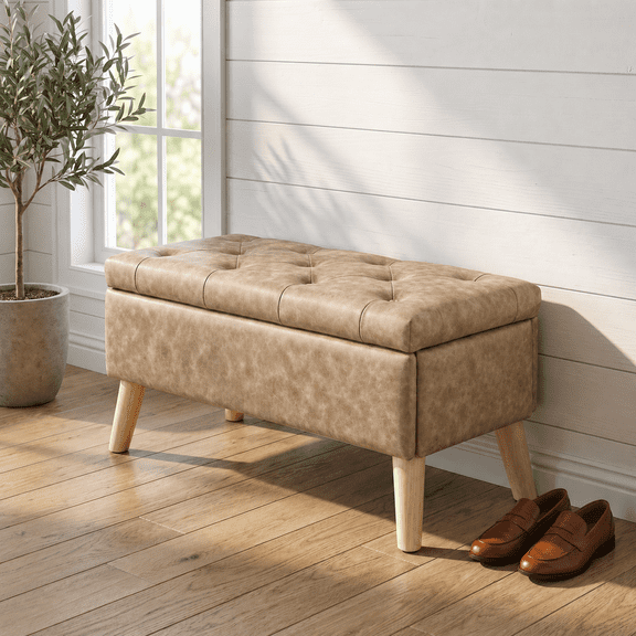 32 Inch Wide Upholstered Storage Ottoman Bench with Built-In Tray, Modern End of Bed Storage Chest, Multi-Functional Footrest Extra Seat for Bedroom Living Room Entryway