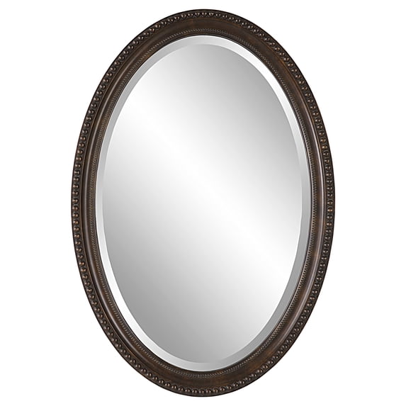 32 Inch Wood Wall Mirror, Beaded Oval Shape, Antique Bronze