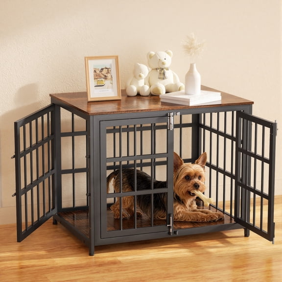 32 Inch Wooden End Table Dog Crate Furniture with Multiple Secure Locks, Heavy Duty Indoor Dog Kennel for Medium Dogs, Decorative Pet Cage for Home Use,Aged Black