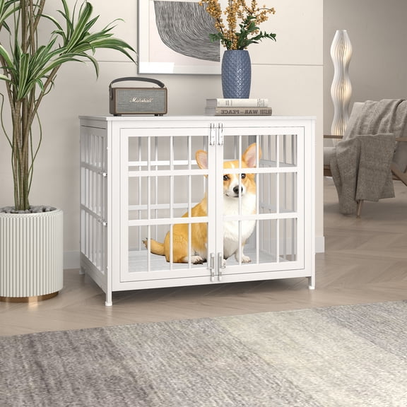 32 Inch Wooden End Table Dog Crate Furniture with Multiple Secure Locks, Heavy Duty Indoor Dog Kennel for Medium Dogs, Decorative Pet Cage for Home Use,White