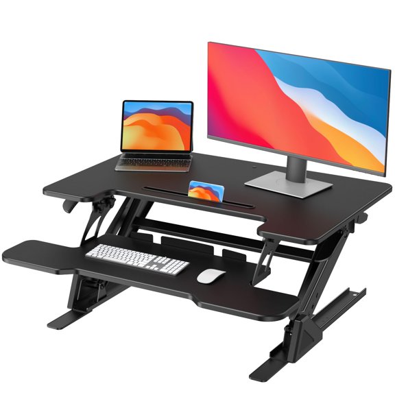 32 Inch Z-Shape Standing Desk Converter With Dual Monitor Support And Adjustable Keyboard Tray