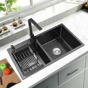 32 Inch black sink kitchen, Double Bowls Drop-In Sink Stainless Steel Kitchen Sink with Drain and Overflow