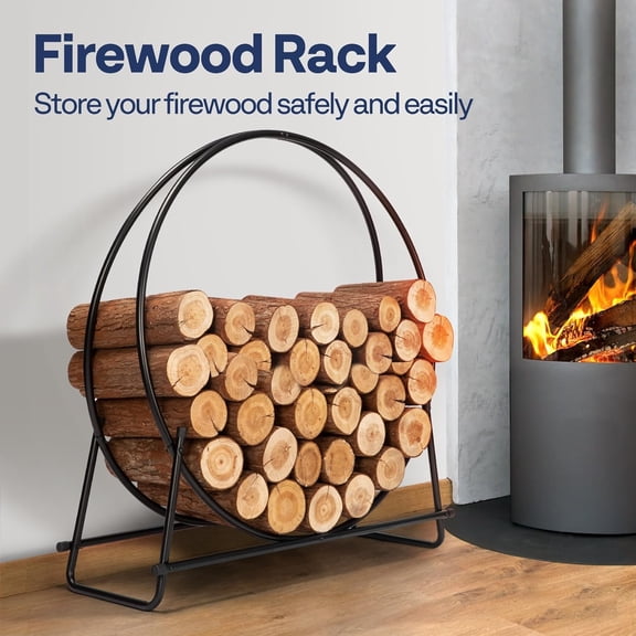 32 Inches Firewood Log Rack Hoop with Cover, Heavy Duty Solid Steel Fire Wood Storage Rack and Cover Set with Zipper, Round Log Holder Ring for Indoor Outdoor Patio Deck Porch
