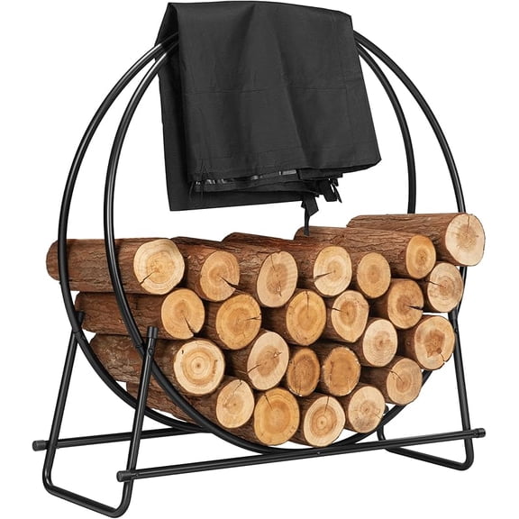 32 Inches Firewood Log Rack Hoop with Cover, Heavy Duty Solid Steel Fire Wood Storage Rack and Cover Set with Zipper, Round Log Holder Ring for Indoor Outdoor Patio Deck Porch