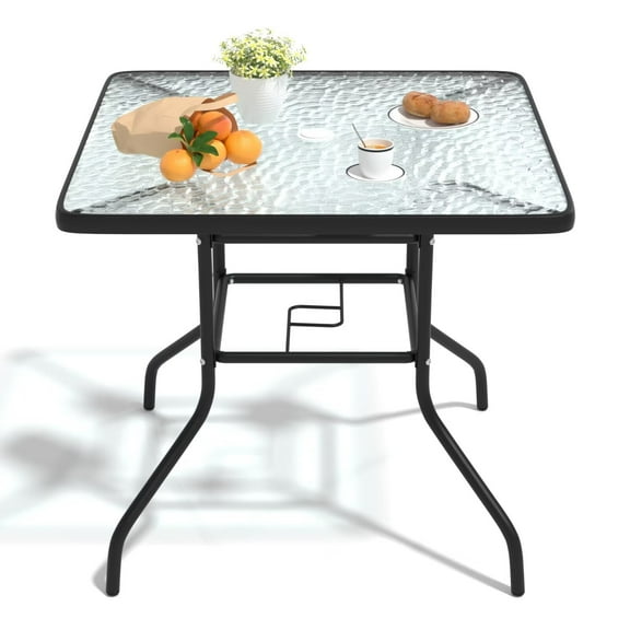 32 Inches Square Glass Mesa Patio Tables Metal Frame Outdoor Tables Samll Balcony Tables Suitable for All-Weather with Umbrella Hole
